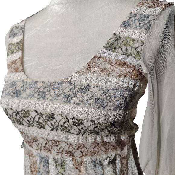 Only Hearts Sz M Y2K Sheer Lace Babydoll Embroidered Top Peasant Cottage Prairie - Picture 2 of 7
